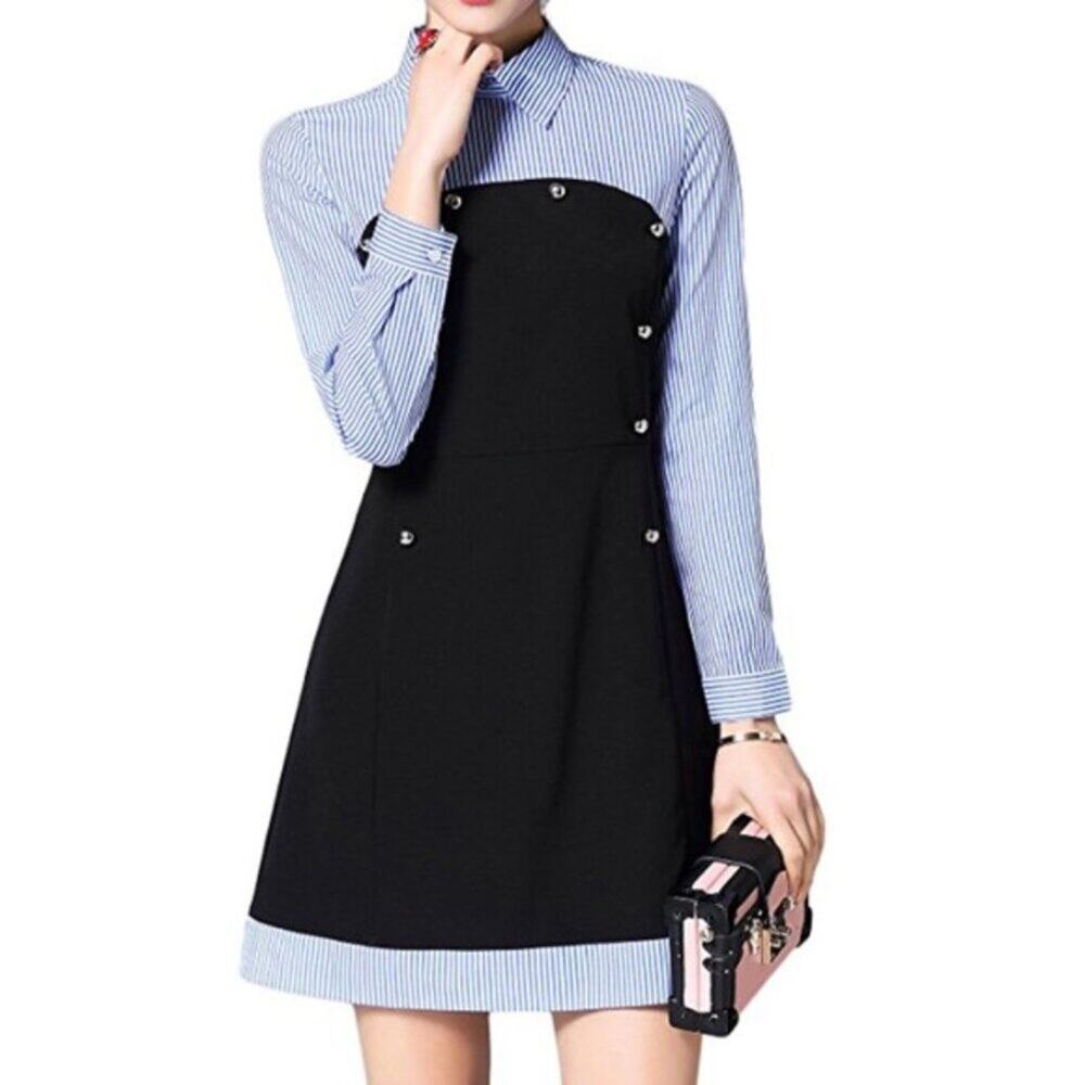 Stylewe Blue Pinstripe Long Sleeve Collared Shirt Dress Mini Size Small